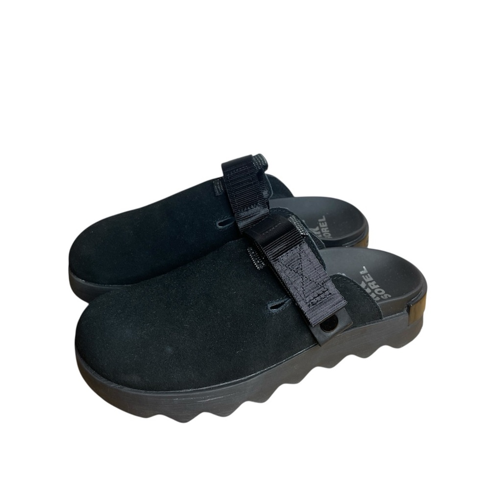 Sorel Black Suede Adjustable Strap Clog Mules